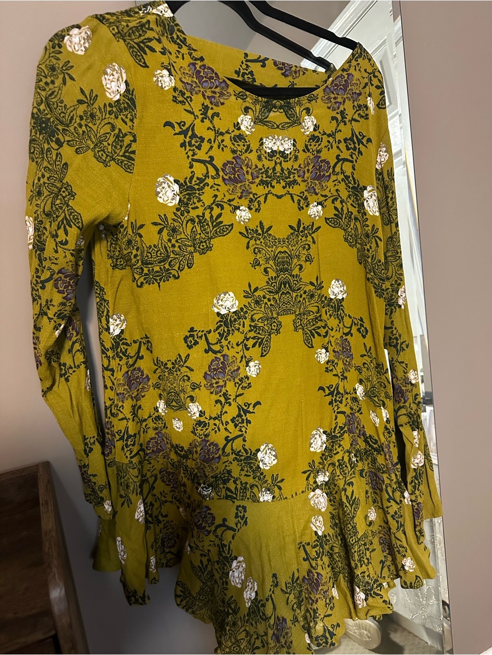 Free People Mustard Green Floral Button Front Blouse